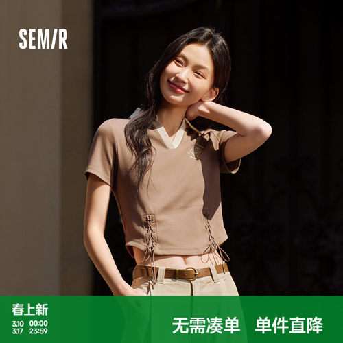 森马绑带印花修身短款POLO衫女