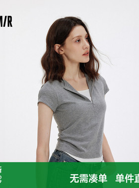 森马短袖T恤女夏短款假两件撞色修身褶皱显瘦小心机百搭简约衣服