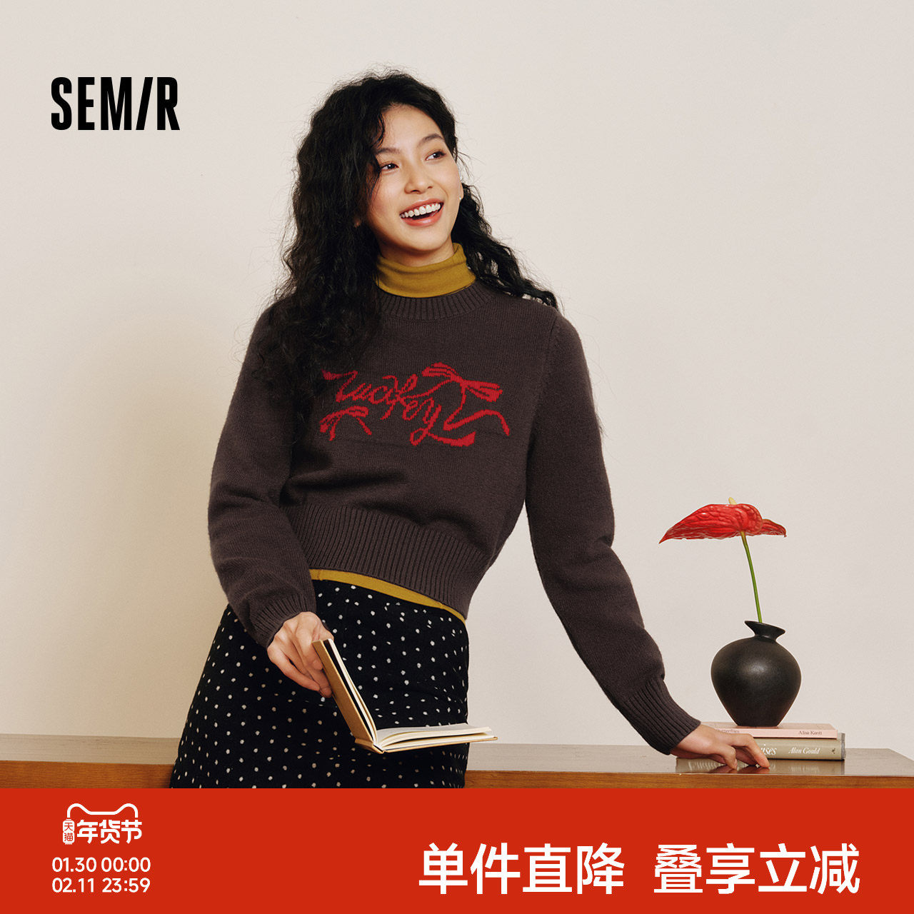 森马毛衣女短款蝴蝶结少女感2025新款春季红色圆领春秋套头衫显瘦