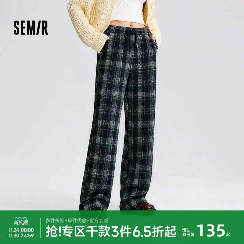 森马格子加绒宽松阔腿休闲裤女