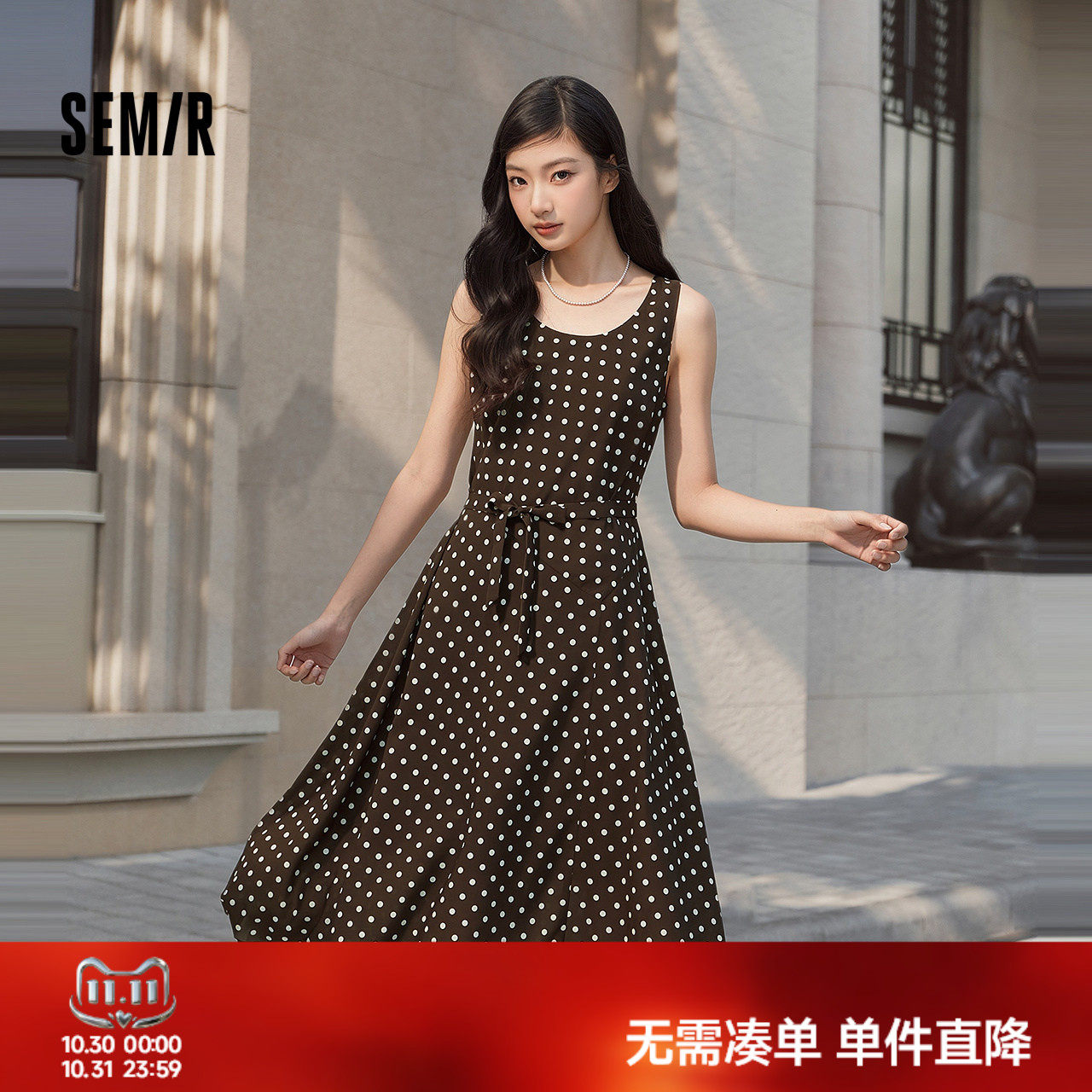 森马连衣裙女夏季无袖雪纺中长裙2026新款时尚气质复古优雅波点裙