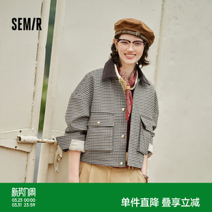 复古 落肩格纹夹克时尚 森马外套女短款 拼接灯芯绒翻领潮流宽松秋季