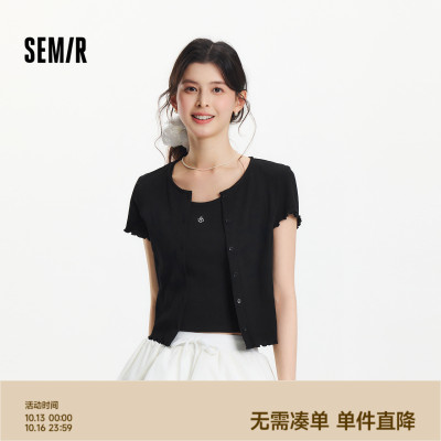 森马木耳边开衫短背心短袖T恤女