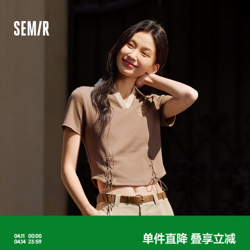 森马绑带印花修身短款POLO衫女