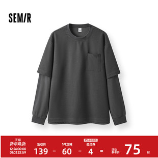 情侣装 华夫格肌理上衣假两件拼接宽松圆领时尚 T恤男春季 森马长袖