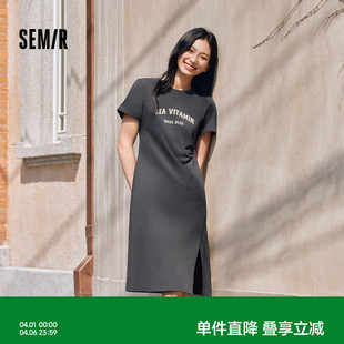 小心机字母开叉T恤裙显瘦 森马连衣裙女复古休闲中长裙简约风夏季