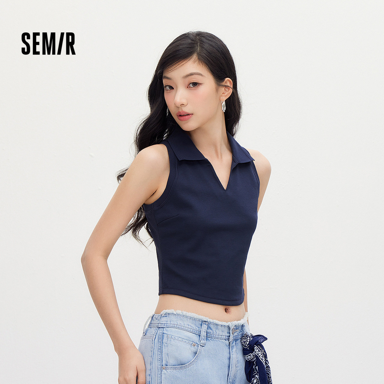 森马背心女夏季短款polo领修身纯色衣服2026新款百搭休闲简约上衣