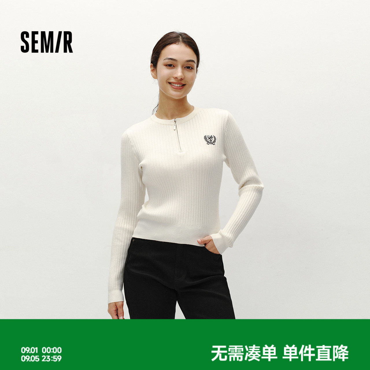 森马半开襟刺绣修身短款毛衣女