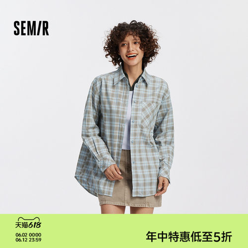 森马格子宽松中长款长袖衬衫女