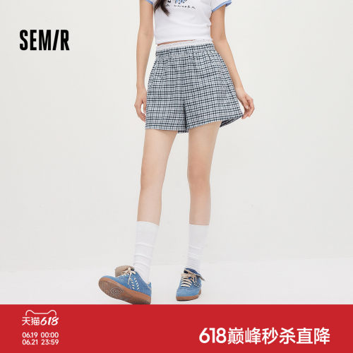 森马拼接花边格纹宽松休闲裤女