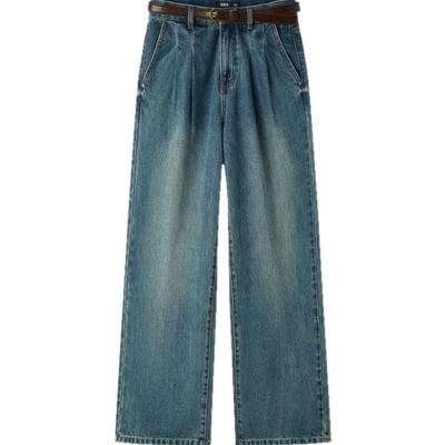 森马腰带纯棉打褶阔腿牛仔裤女