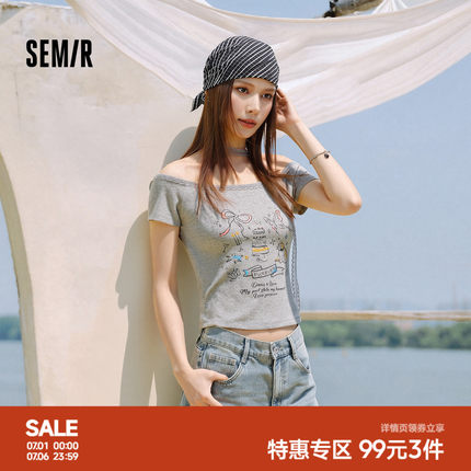 森马短袖T恤女夏季短款蕾丝一字领印花紧身2026新款甜酷辣妹上衣