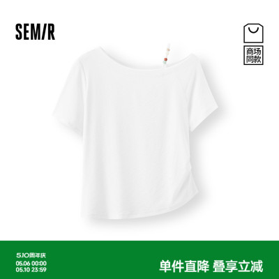 森马气质一字领串珠短袖T恤女