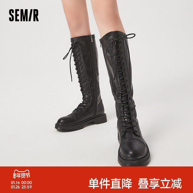 Semir女鞋骑士靴2025秋冬季穿脱方便百搭显高帮系带机车靴长筒靴,女鞋,弹力靴/袜靴,淘宝优惠券,粉丝福利购,淘宝优惠卷