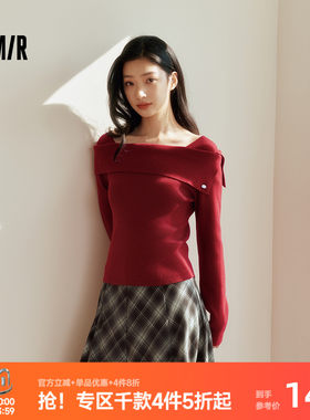 森马温柔一字领翻领短款毛衣女