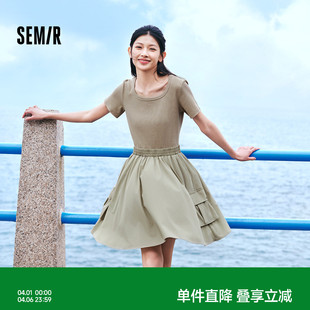 方领修身 短裙小个子 夏季 森马连衣裙女假两件盐系潮流百搭2024新款