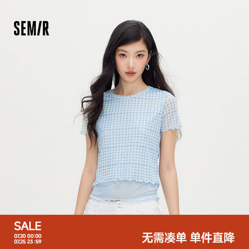 森马格纹网纱紧身短款短袖T恤女