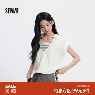 森马POLO衫女夏短款拼接条纹假两件花苞上衣宽松连肩袖百搭套头衫