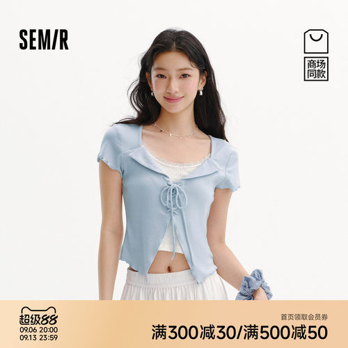 森马绑带假两件短款短袖T恤女