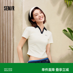 正肩修身 森马POLO衫 女夏季 短款 简约气质小个子衣服 字母绣花套头衫