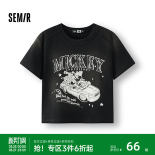 印花做旧复古街头炸街上衣 短款 森马迪士尼合作系列短袖 T恤女夏季