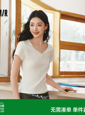 森马短袖T恤女夏季短款V领半开襟套头衫紧身纯色正肩2026新款上衣