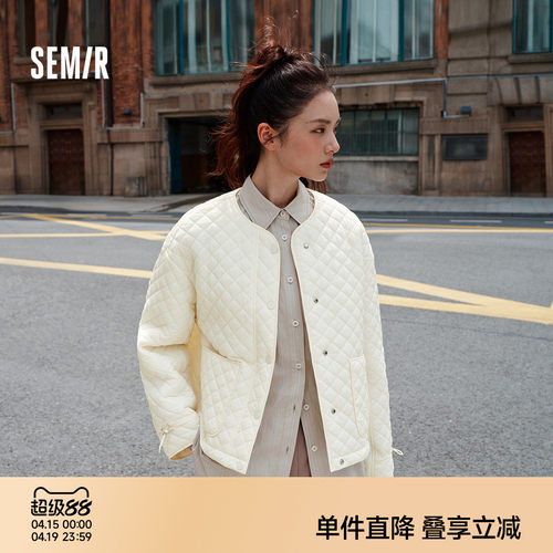 森马肌理菱格宽松抽绳轻薄棉服女