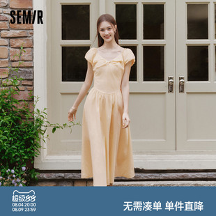 森马连衣裙女夏泡泡袖扭结收腰高腰A字纯色肌理垂感2026新款长裙
