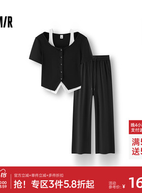 [商场同款]森马套装女假两件短上衣直筒长裤2025秋新款黑色两件套