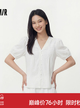 森马短袖衬衫女夏盐缩肌理白色泡泡袖花边V领设计感甜美俏皮衬衣