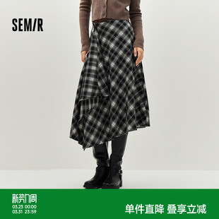 森马半身裙女冬磨毛格纹长裙2025新款 设计感不规则A字裙 甜酷个性