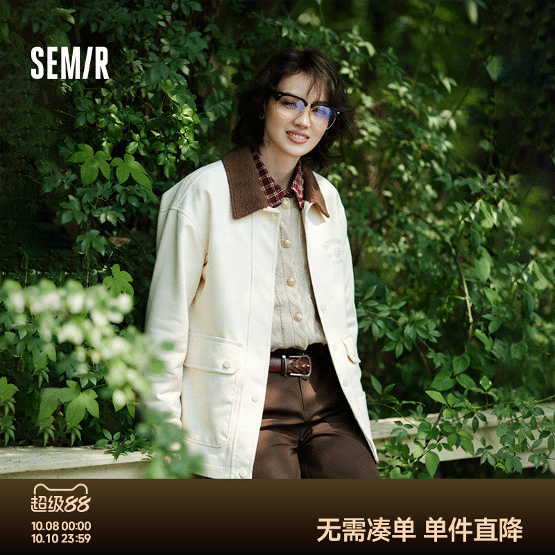 森马外套女中长款拼色灯芯绒翻领复古2024新款秋刺绣宽松夹克时尚