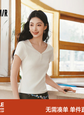 森马短袖T恤女夏季短款V领半开襟套头衫紧身纯色正肩2026新款上衣