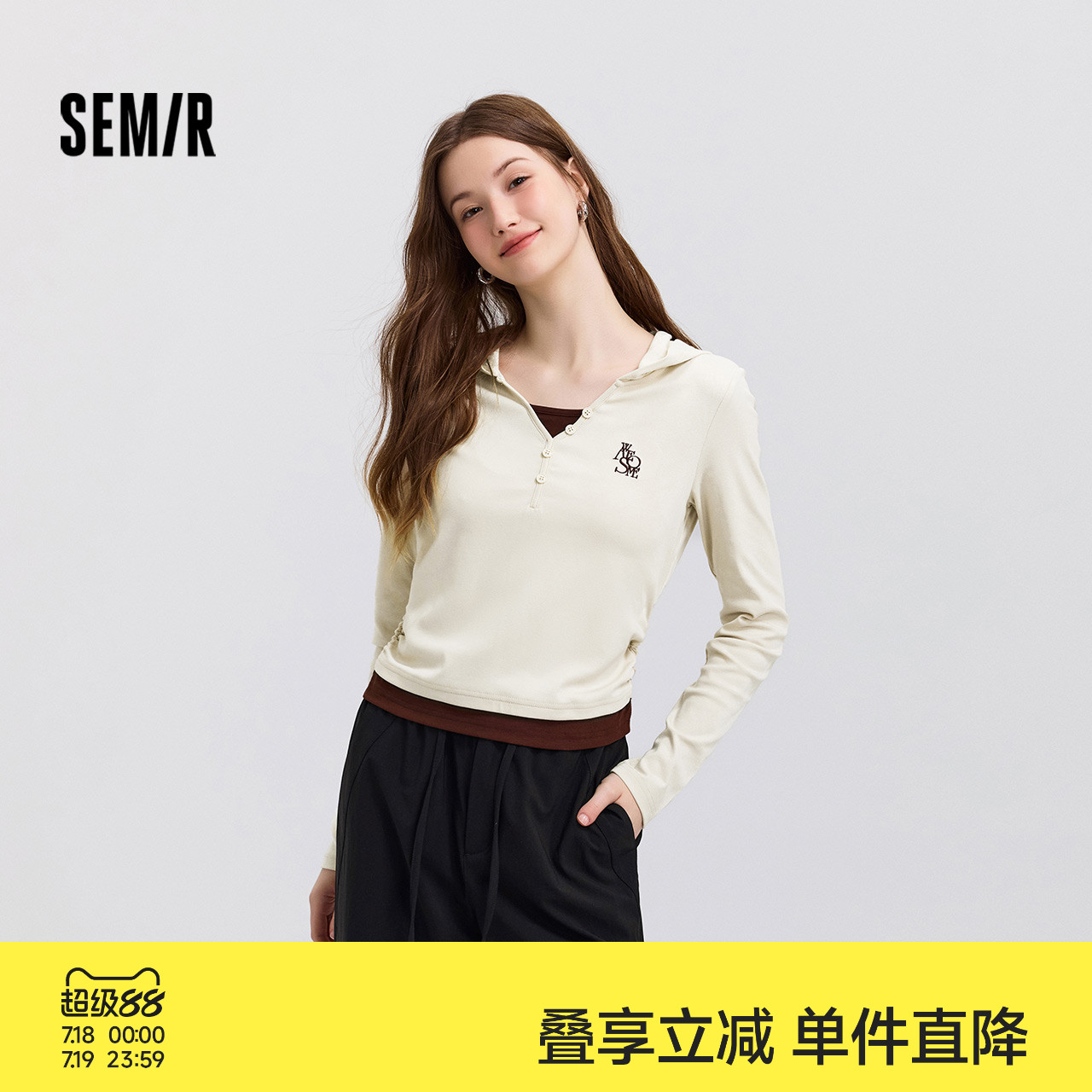 森马长袖T恤女短款连帽刺绣复古气质春假两件修身上衣小心机显瘦