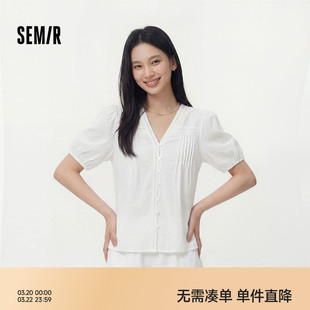 森马短袖衬衫女夏盐缩肌理白色泡泡袖花边V领设计感甜美俏皮衬衣