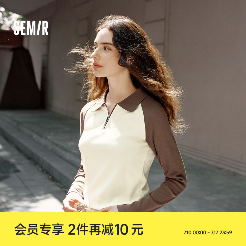 森马POLO衫女短款拼色插肩袖修身上衣小个子复古秋显瘦套头衫时尚