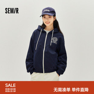 森马外套女春季连帽字母刺绣宽松落肩质感夹克分割气质学院风上衣