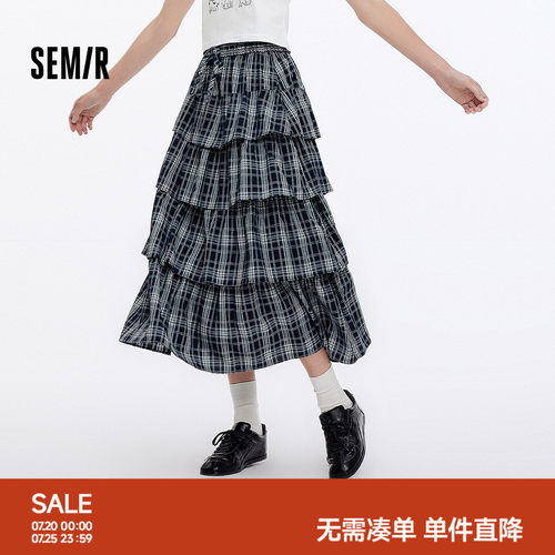 森马复古A字格纹蛋糕半身裙女