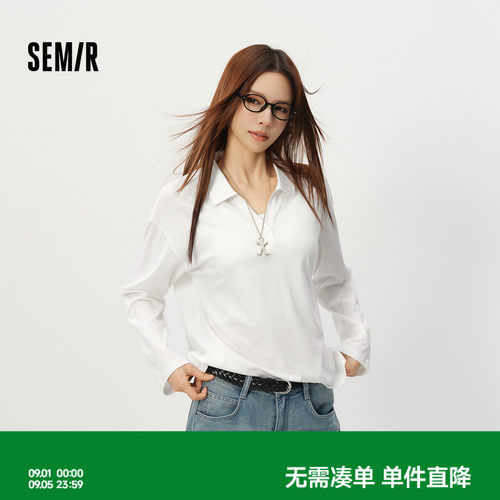 森马白色长袖宽松印花POLO衫女
