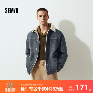 森马牛仔外套男冬季棉服2025新款街头复古做旧仿羊羔毛翻领夹克潮