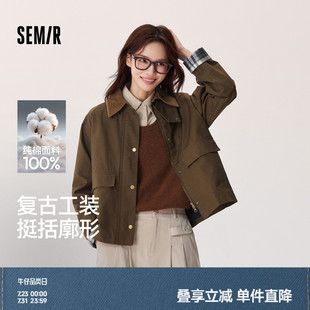 森馬外套女巴恩風短外套上衣秋季 拼接燈芯絨翻領夾克格紋復古風