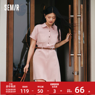 休闲风翻领气质短裙 新款 森马连衣裙女纯棉收腰工装 裙复古2024夏季