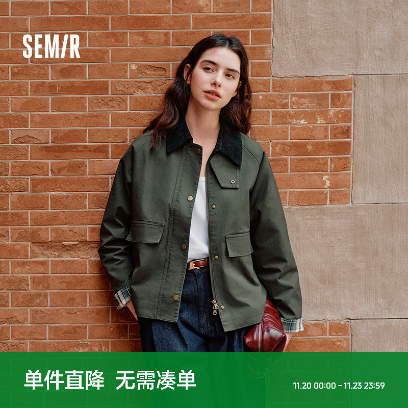 森马宽松插肩袖拼接翻领外套女