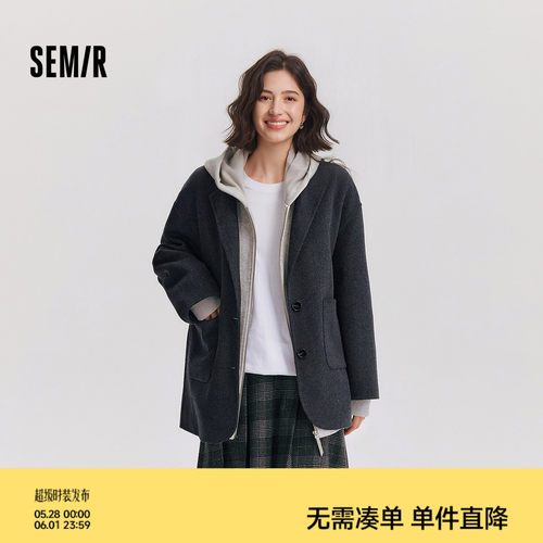 森马含羊毛双面呢西装领外套女