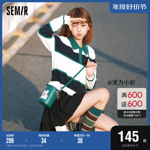 [商场同款]森马毛衣女短款polo领宽松个性2023新款秋条纹毛衫复古
