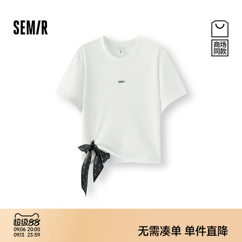 森马丝巾蝴蝶结短款短袖T恤女