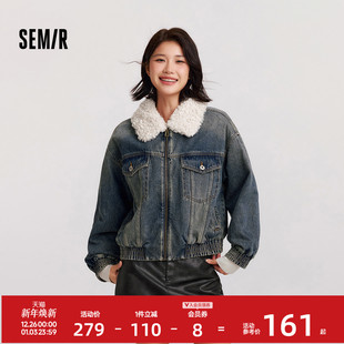 森马牛仔外套女冬季 夹克 夹棉宽松毛领翻领街头酷飒风高街复古美式