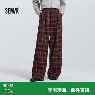 森马休闲裤女春季格子打褶拖地裤宽松垂坠感街头美式复古风阔腿裤
