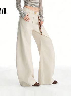 森马休闲裤女肌理长裤宽松2026新款弯刀裤微弹灰白色裤子韩里韩气