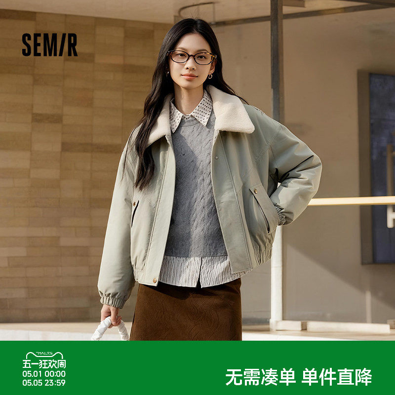 森马外套女冬季夹棉仿羊羔毛翻领oversize磨毛2025新款巴恩风夹克